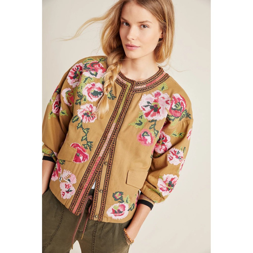 Anthropologie Floral Needlepoint Bomber Jacket Embroidered Size SP Cottage Boho